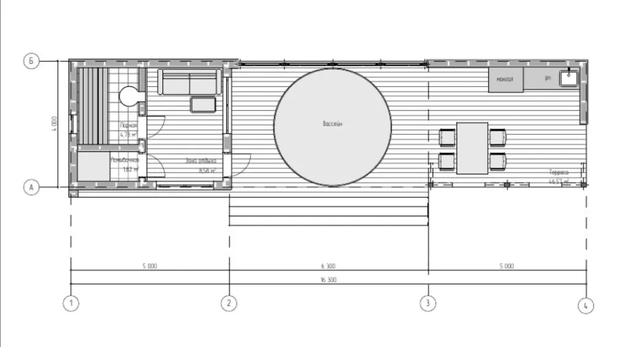 Планировка Баня Романово Лайф 4×16,3
